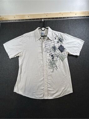 Machine Shirt Mens XL Blue Cotton Short Sleeve Button Up Striped Graphic